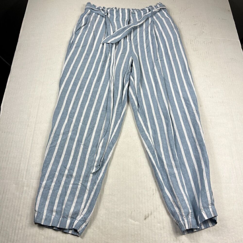 LOFT Linen Blend Cropped Pants Striped Drawstring Waist Tie High Rise SMALL